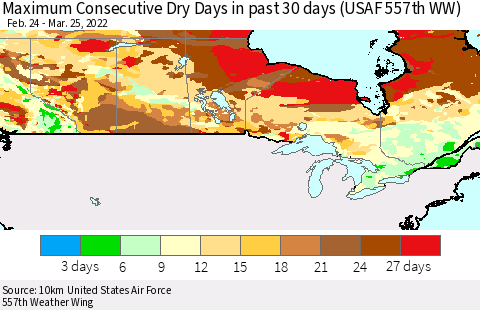 Canada Maximum Consecutive Dry Days in past 30 days (USAF 557th WW) 03/25/2022 Thematic Map For 3/21/2022 - 3/25/2022