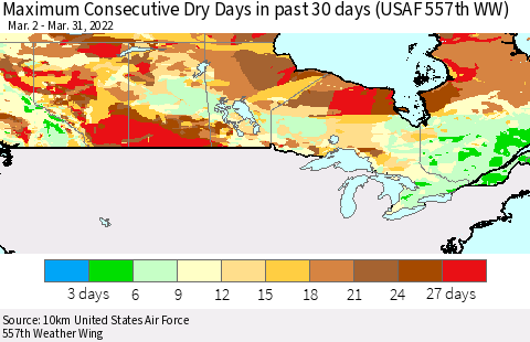 Canada Maximum Consecutive Dry Days in past 30 days (USAF 557th WW) 03/31/2022 Thematic Map For 3/26/2022 - 3/31/2022