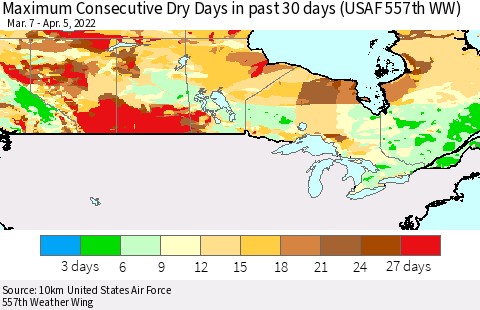 Canada Maximum Consecutive Dry Days in past 30 days (USAF 557th WW) 04/05/2022 Thematic Map For 4/1/2022 - 4/5/2022