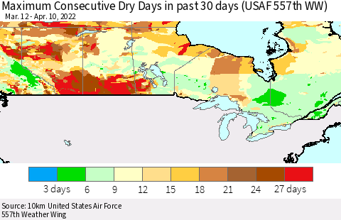 Canada Maximum Consecutive Dry Days in past 30 days (USAF 557th WW) 04/10/2022 Thematic Map For 4/6/2022 - 4/10/2022