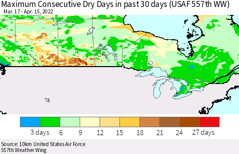 Canada Maximum Consecutive Dry Days in past 30 days (USAF 557th WW) 04/15/2022 Thematic Map For 4/11/2022 - 4/15/2022