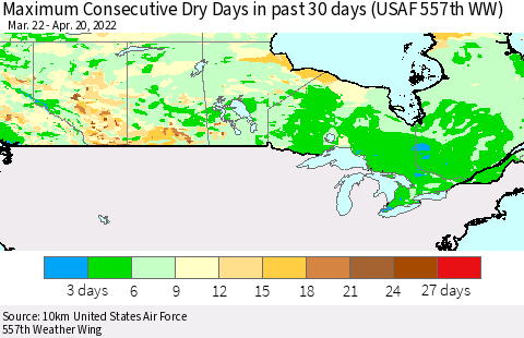 Canada Maximum Consecutive Dry Days in past 30 days (USAF 557th WW) 04/20/2022 Thematic Map For 4/16/2022 - 4/20/2022