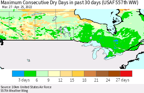 Canada Maximum Consecutive Dry Days in past 30 days (USAF 557th WW) 04/25/2022 Thematic Map For 4/21/2022 - 4/25/2022