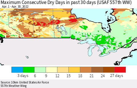 Canada Maximum Consecutive Dry Days in past 30 days (USAF 557th WW) 04/30/2022 Thematic Map For 4/26/2022 - 4/30/2022