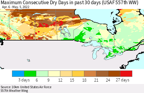 Canada Maximum Consecutive Dry Days in past 30 days (USAF 557th WW) 05/05/2022 Thematic Map For 5/1/2022 - 5/5/2022