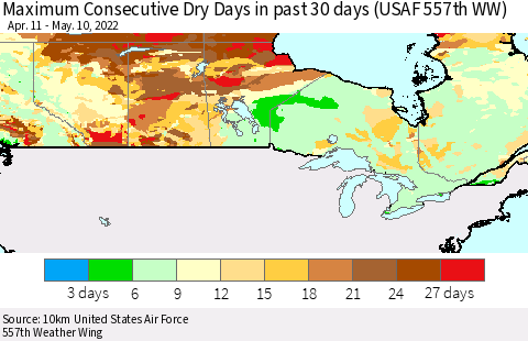 Canada Maximum Consecutive Dry Days in past 30 days (USAF 557th WW) 05/10/2022 Thematic Map For 5/6/2022 - 5/10/2022