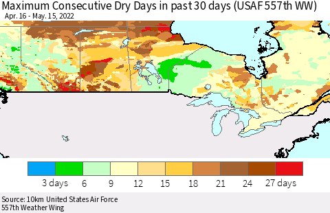 Canada Maximum Consecutive Dry Days in past 30 days (USAF 557th WW) 05/15/2022 Thematic Map For 5/11/2022 - 5/15/2022