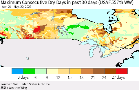 Canada Maximum Consecutive Dry Days in past 30 days (USAF 557th WW) 05/20/2022 Thematic Map For 5/16/2022 - 5/20/2022