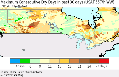 Canada Maximum Consecutive Dry Days in past 30 days (USAF 557th WW) 05/25/2022 Thematic Map For 5/21/2022 - 5/25/2022