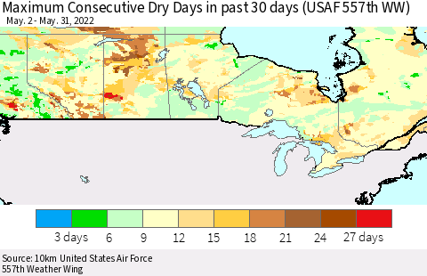 Canada Maximum Consecutive Dry Days in past 30 days (USAF 557th WW) 05/31/2022 Thematic Map For 5/26/2022 - 5/31/2022