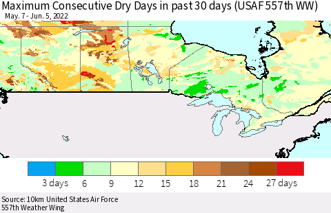 Canada Maximum Consecutive Dry Days in past 30 days (USAF 557th WW) 06/05/2022 Thematic Map For 6/1/2022 - 6/5/2022