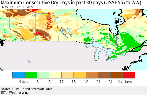 Canada Maximum Consecutive Dry Days in past 30 days (USAF 557th WW) 06/10/2022 Thematic Map For 6/6/2022 - 6/10/2022