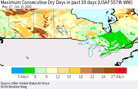 Canada Maximum Consecutive Dry Days in past 30 days (USAF 557th WW) 06/15/2022 Thematic Map For 6/11/2022 - 6/15/2022
