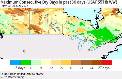 Canada Maximum Consecutive Dry Days in past 30 days (USAF 557th WW) 06/20/2022 Thematic Map For 6/16/2022 - 6/20/2022