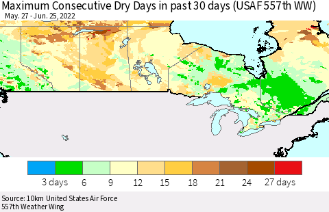 Canada Maximum Consecutive Dry Days in past 30 days (USAF 557th WW) 06/25/2022 Thematic Map For 6/21/2022 - 6/25/2022