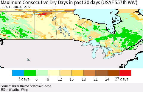 Canada Maximum Consecutive Dry Days in past 30 days (USAF 557th WW) 06/30/2022 Thematic Map For 6/26/2022 - 6/30/2022