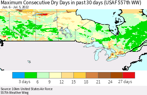 Canada Maximum Consecutive Dry Days in past 30 days (USAF 557th WW) 07/05/2022 Thematic Map For 7/1/2022 - 7/5/2022