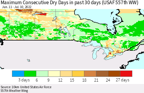 Canada Maximum Consecutive Dry Days in past 30 days (USAF 557th WW) 07/10/2022 Thematic Map For 7/6/2022 - 7/10/2022