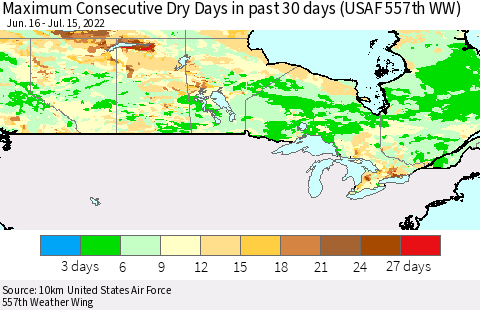 Canada Maximum Consecutive Dry Days in past 30 days (USAF 557th WW) 07/15/2022 Thematic Map For 7/11/2022 - 7/15/2022