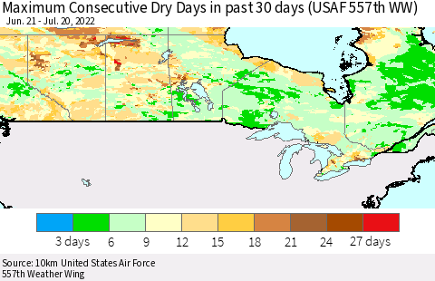 Canada Maximum Consecutive Dry Days in past 30 days (USAF 557th WW) 07/20/2022 Thematic Map For 7/16/2022 - 7/20/2022