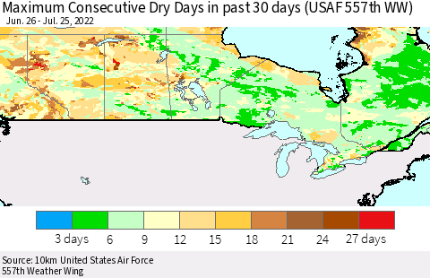 Canada Maximum Consecutive Dry Days in past 30 days (USAF 557th WW) 07/25/2022 Thematic Map For 7/21/2022 - 7/25/2022