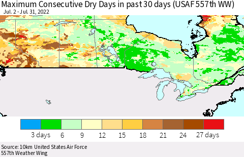 Canada Maximum Consecutive Dry Days in past 30 days (USAF 557th WW) 07/31/2022 Thematic Map For 7/26/2022 - 7/31/2022