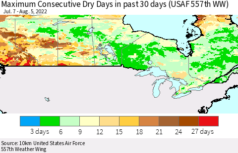 Canada Maximum Consecutive Dry Days in past 30 days (USAF 557th WW) 08/05/2022 Thematic Map For 8/1/2022 - 8/5/2022