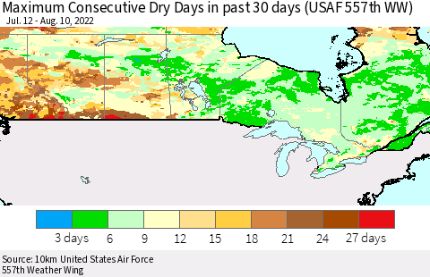 Canada Maximum Consecutive Dry Days in past 30 days (USAF 557th WW) 08/10/2022 Thematic Map For 8/6/2022 - 8/10/2022