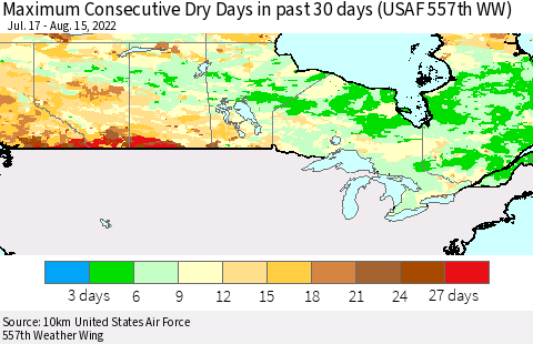 Canada Maximum Consecutive Dry Days in past 30 days (USAF 557th WW) 08/15/2022 Thematic Map For 8/11/2022 - 8/15/2022