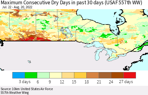 Canada Maximum Consecutive Dry Days in past 30 days (USAF 557th WW) 08/20/2022 Thematic Map For 8/16/2022 - 8/20/2022