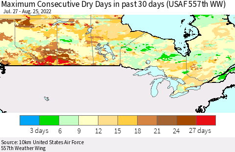 Canada Maximum Consecutive Dry Days in past 30 days (USAF 557th WW) 08/25/2022 Thematic Map For 8/21/2022 - 8/25/2022