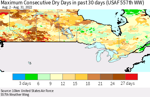 Canada Maximum Consecutive Dry Days in past 30 days (USAF 557th WW) 08/31/2022 Thematic Map For 8/26/2022 - 8/31/2022