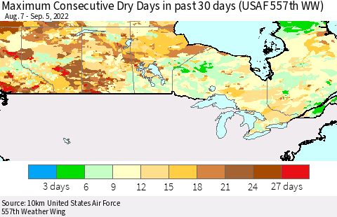 Canada Maximum Consecutive Dry Days in past 30 days (USAF 557th WW) 09/05/2022 Thematic Map For 9/1/2022 - 9/5/2022