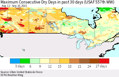 Canada Maximum Consecutive Dry Days in past 30 days (USAF 557th WW) 09/10/2022 Thematic Map For 9/6/2022 - 9/10/2022