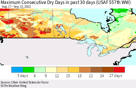 Canada Maximum Consecutive Dry Days in past 30 days (USAF 557th WW) 09/15/2022 Thematic Map For 9/11/2022 - 9/15/2022