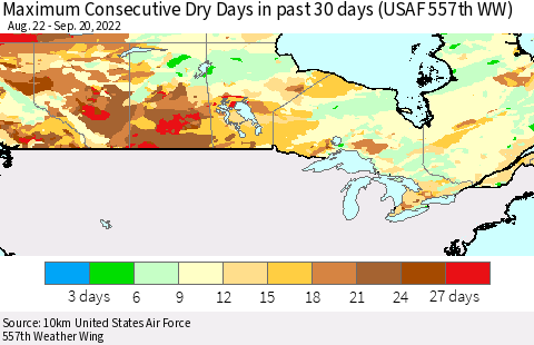 Canada Maximum Consecutive Dry Days in past 30 days (USAF 557th WW) 09/20/2022 Thematic Map For 9/16/2022 - 9/20/2022