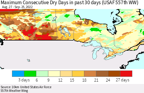Canada Maximum Consecutive Dry Days in past 30 days (USAF 557th WW) 09/25/2022 Thematic Map For 9/21/2022 - 9/25/2022