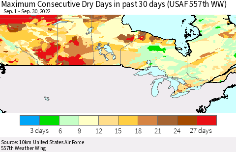 Canada Maximum Consecutive Dry Days in past 30 days (USAF 557th WW) 09/30/2022 Thematic Map For 9/26/2022 - 9/30/2022