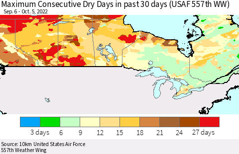 Canada Maximum Consecutive Dry Days in past 30 days (USAF 557th WW) 10/05/2022 Thematic Map For 10/1/2022 - 10/5/2022