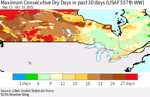 Canada Maximum Consecutive Dry Days in past 30 days (USAF 557th WW) 10/10/2022 Thematic Map For 10/6/2022 - 10/10/2022