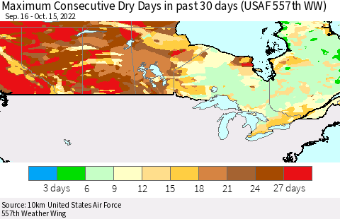 Canada Maximum Consecutive Dry Days in past 30 days (USAF 557th WW) 10/15/2022 Thematic Map For 10/11/2022 - 10/15/2022