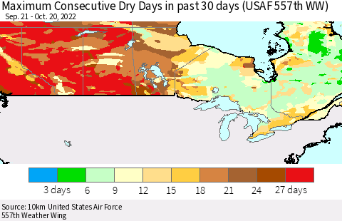 Canada Maximum Consecutive Dry Days in past 30 days (USAF 557th WW) 10/20/2022 Thematic Map For 10/16/2022 - 10/20/2022