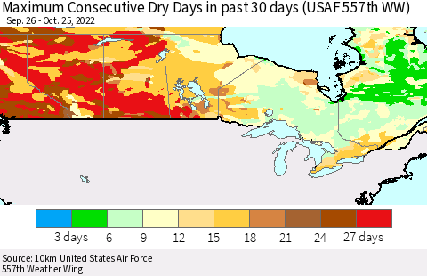 Canada Maximum Consecutive Dry Days in past 30 days (USAF 557th WW) 10/25/2022 Thematic Map For 10/21/2022 - 10/25/2022