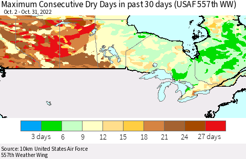 Canada Maximum Consecutive Dry Days in past 30 days (USAF 557th WW) 10/31/2022 Thematic Map For 10/26/2022 - 10/31/2022