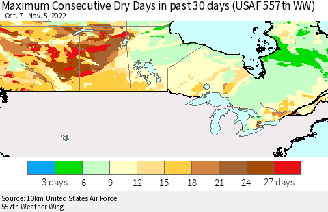 Canada Maximum Consecutive Dry Days in past 30 days (USAF 557th WW) 11/05/2022 Thematic Map For 11/1/2022 - 11/5/2022