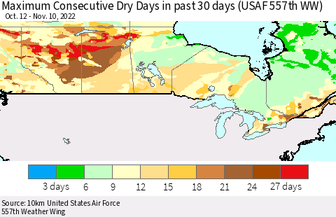 Canada Maximum Consecutive Dry Days in past 30 days (USAF 557th WW) 11/10/2022 Thematic Map For 11/6/2022 - 11/10/2022