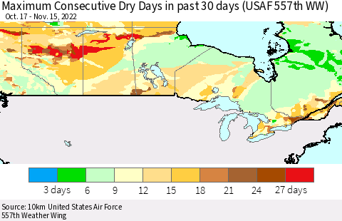 Canada Maximum Consecutive Dry Days in past 30 days (USAF 557th WW) 11/15/2022 Thematic Map For 11/11/2022 - 11/15/2022