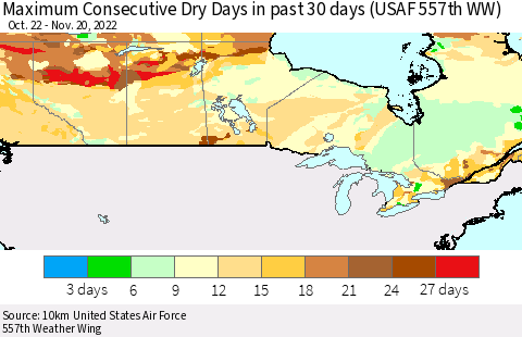 Canada Maximum Consecutive Dry Days in past 30 days (USAF 557th WW) 11/20/2022 Thematic Map For 11/16/2022 - 11/20/2022