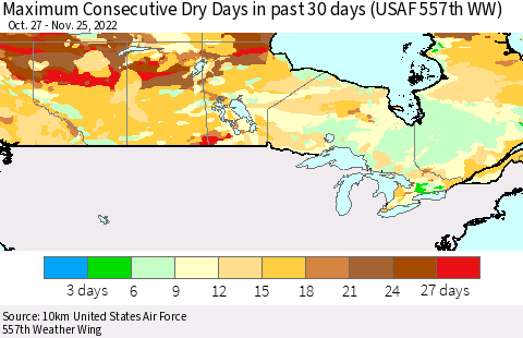 Canada Maximum Consecutive Dry Days in past 30 days (USAF 557th WW) 11/25/2022 Thematic Map For 11/21/2022 - 11/25/2022