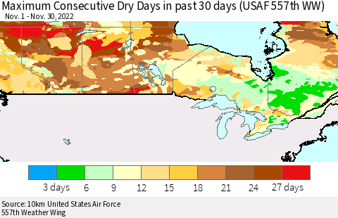Canada Maximum Consecutive Dry Days in past 30 days (USAF 557th WW) 11/30/2022 Thematic Map For 11/26/2022 - 11/30/2022